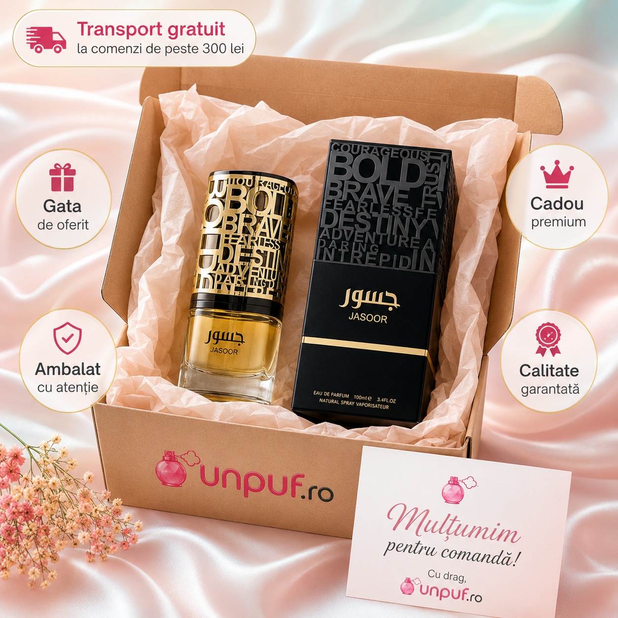 Ce primești în colet Lattafa Jasoor 100 ml parfum arăbesc bărbătesc ambalat cu atenție gata de oferit cadou