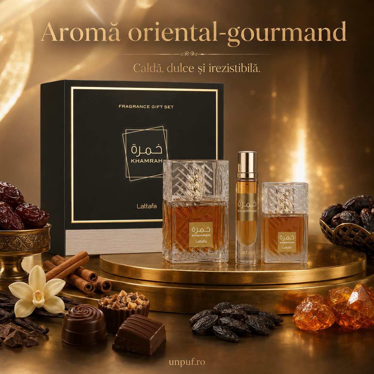 Lattafa Khamrah Giftset aromă oriental-gourmand cu scorțișoară, curmale, vanilie, praline, tonka și ambră
