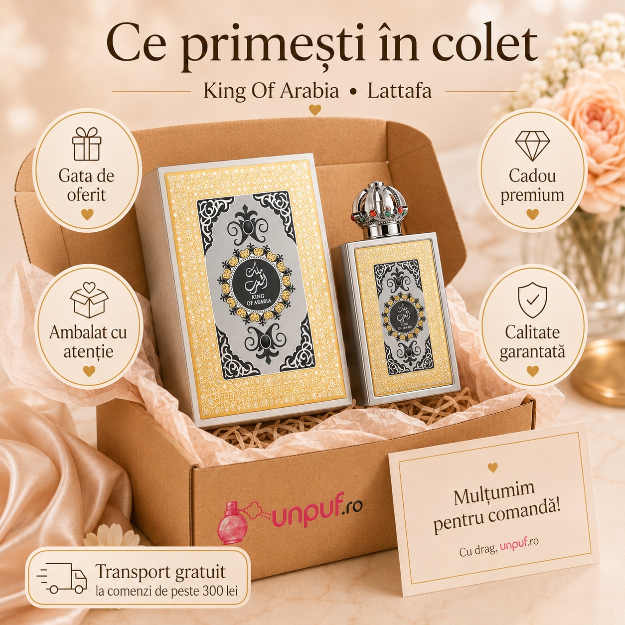 Ce primești &icirc;n colet Lattafa King Of Arabia 100 ml parfum arăbesc unisex ambalat cu atenție gata de oferit cadou