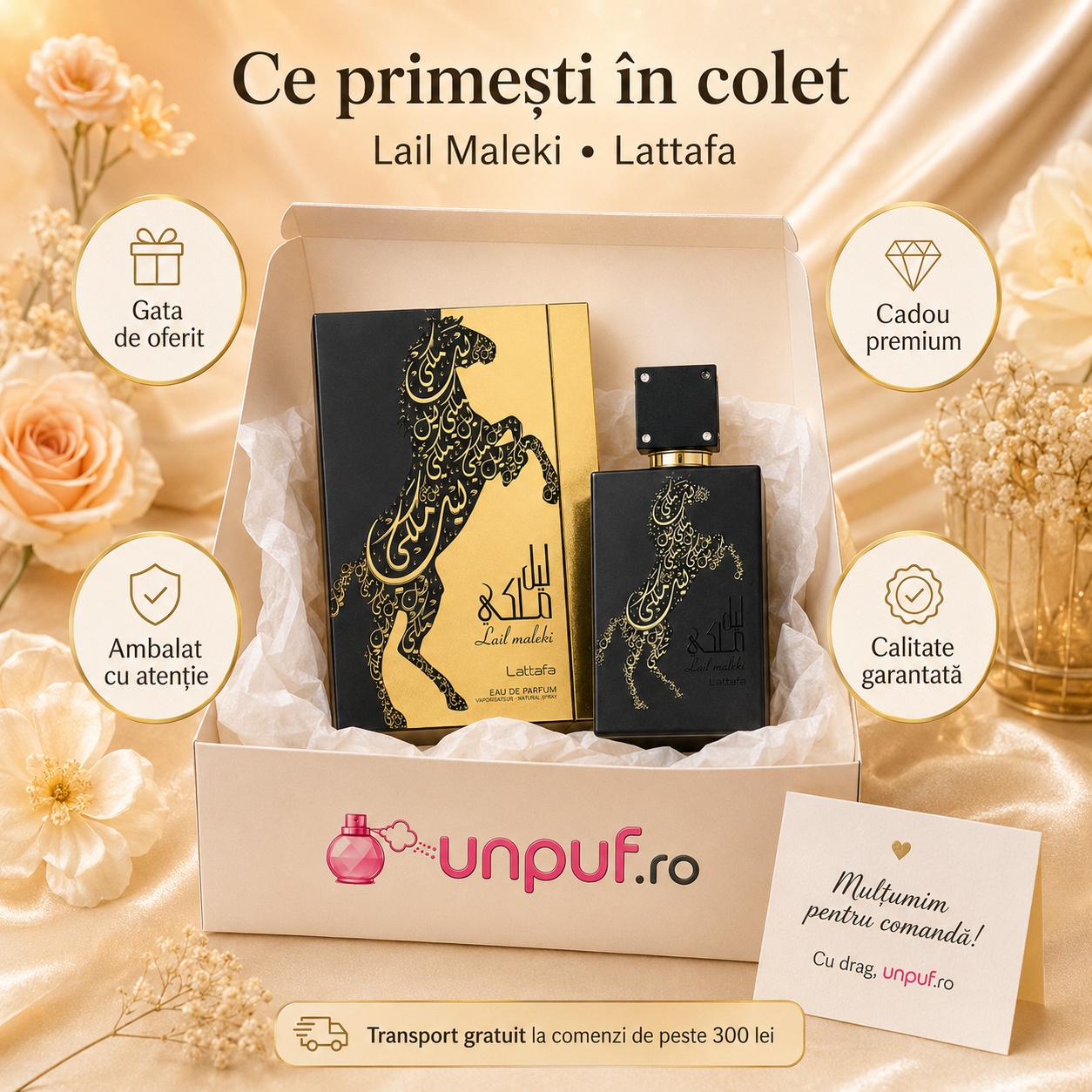 Ce primești &icirc;n colet Lattafa Lail Maleki 30 ml parfum arăbesc unisex ambalat cu atenție gata de oferit cadou