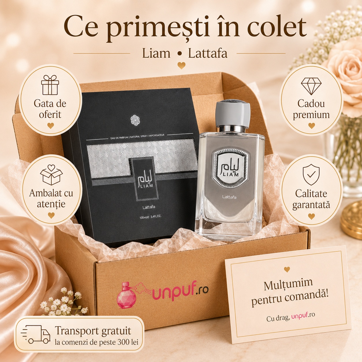 Ce primești &icirc;n colet Lattafa Liam Grey 100 ml parfum arăbesc ambalat cu atenție gata de oferit cadou