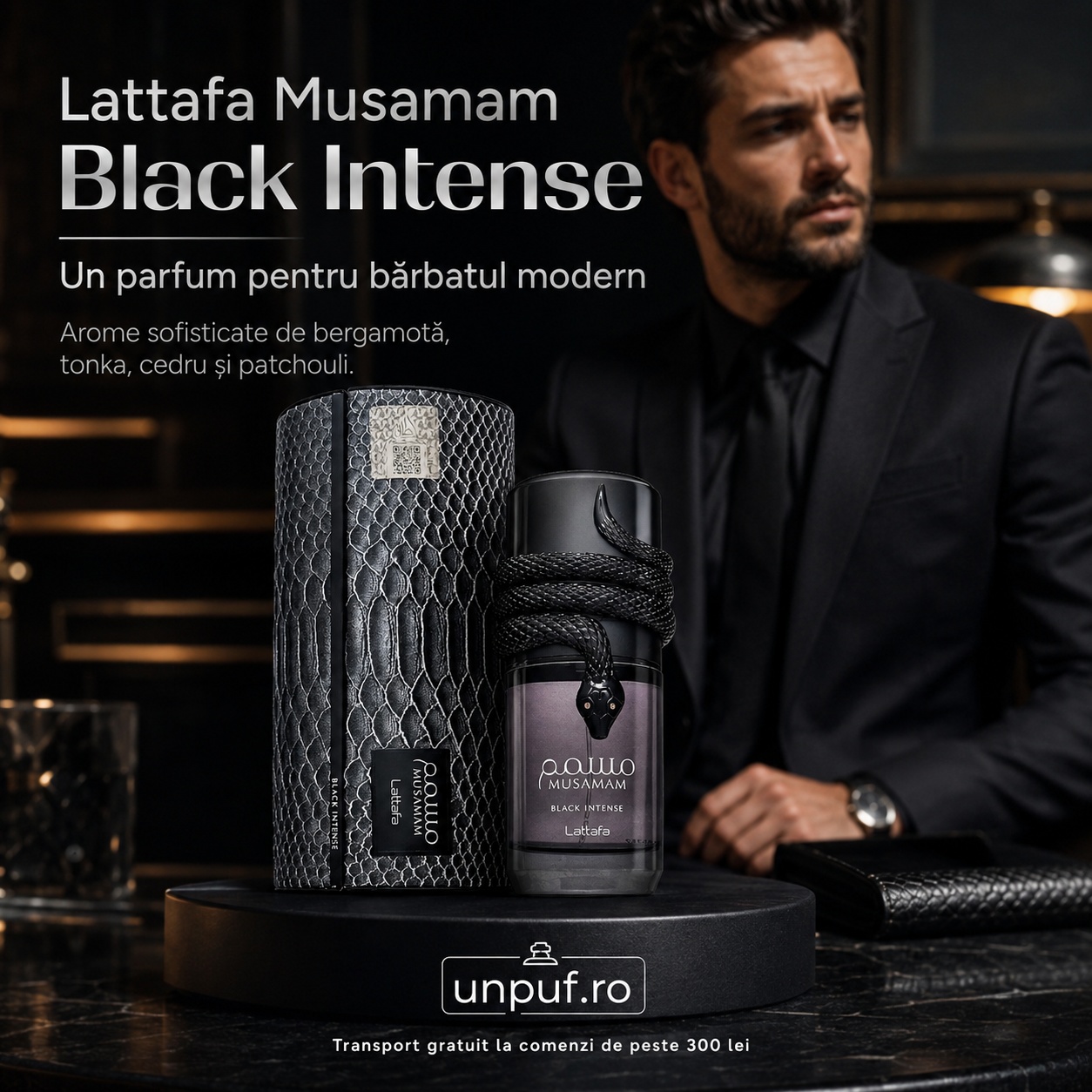 Lattafa Musamam Black Intense parfum pentru bărbatul modern cu bergamotă tonka cedru și patchouli