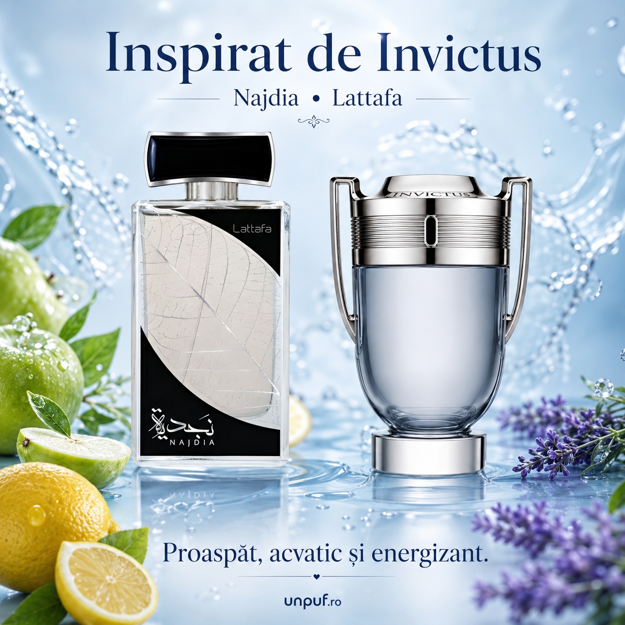 Lattafa Najdia parfum inspirat din Invictus cu aromă proaspătă, acvatică și energizantă