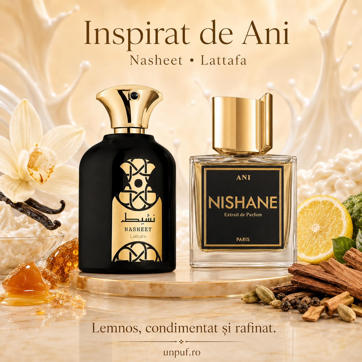 Lattafa Nasheet parfum inspirat din Ani Nishane cu aromă lemnoasă condimentată și rafinată