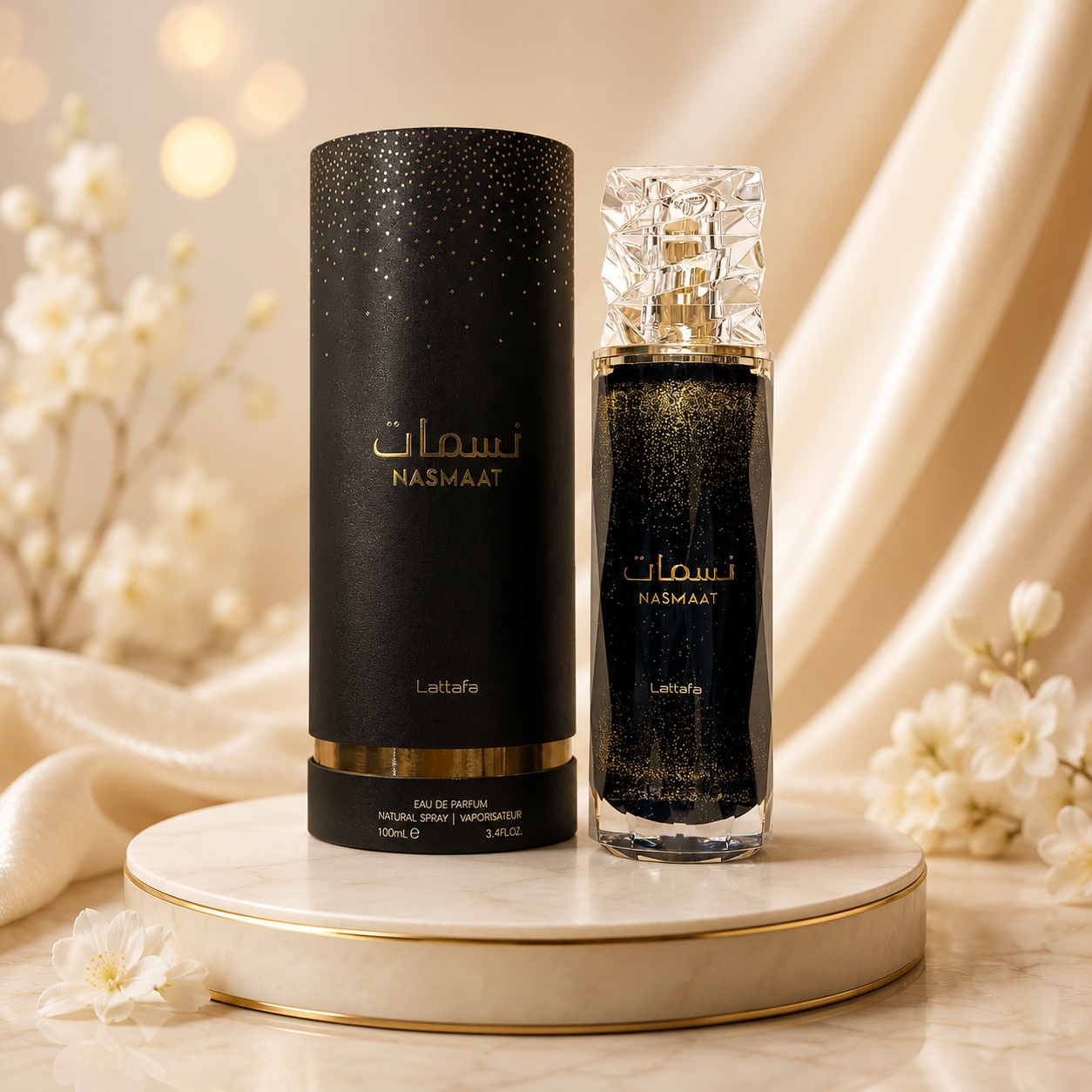 Parfum Arăbesc Lattafa Nasmaat 100 ml unisex cu flacon negru elegant, particule aurii și cutie premium Lattafa