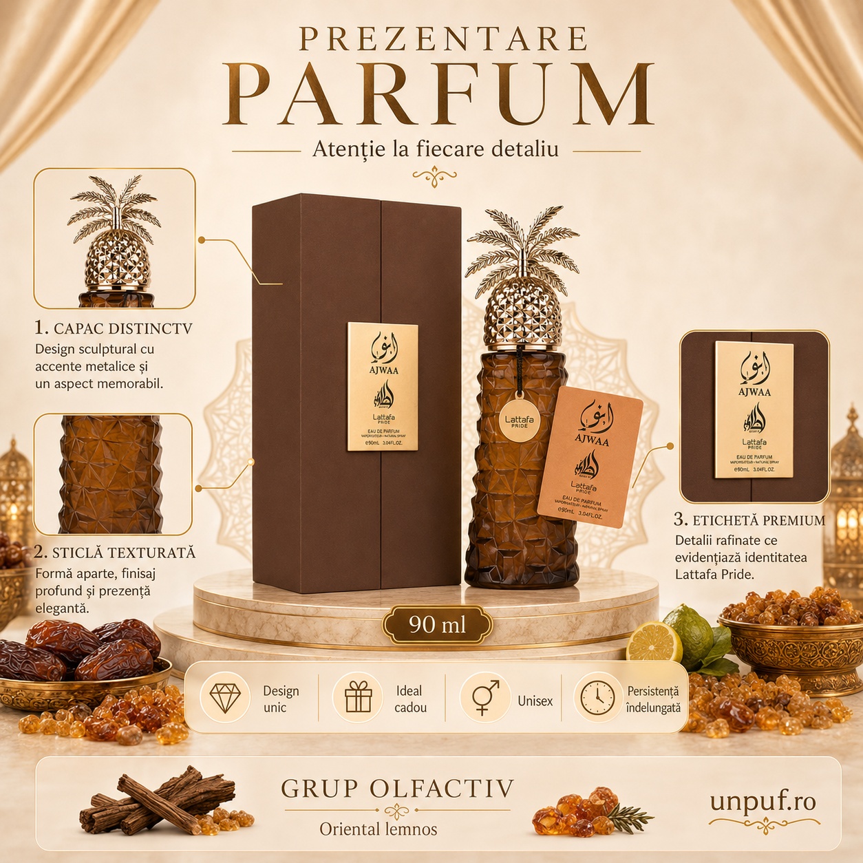 Prezentare Parfum Lattafa Pride Ajwaa 90 ml cu design unic sticlă texturată și capac distinctiv