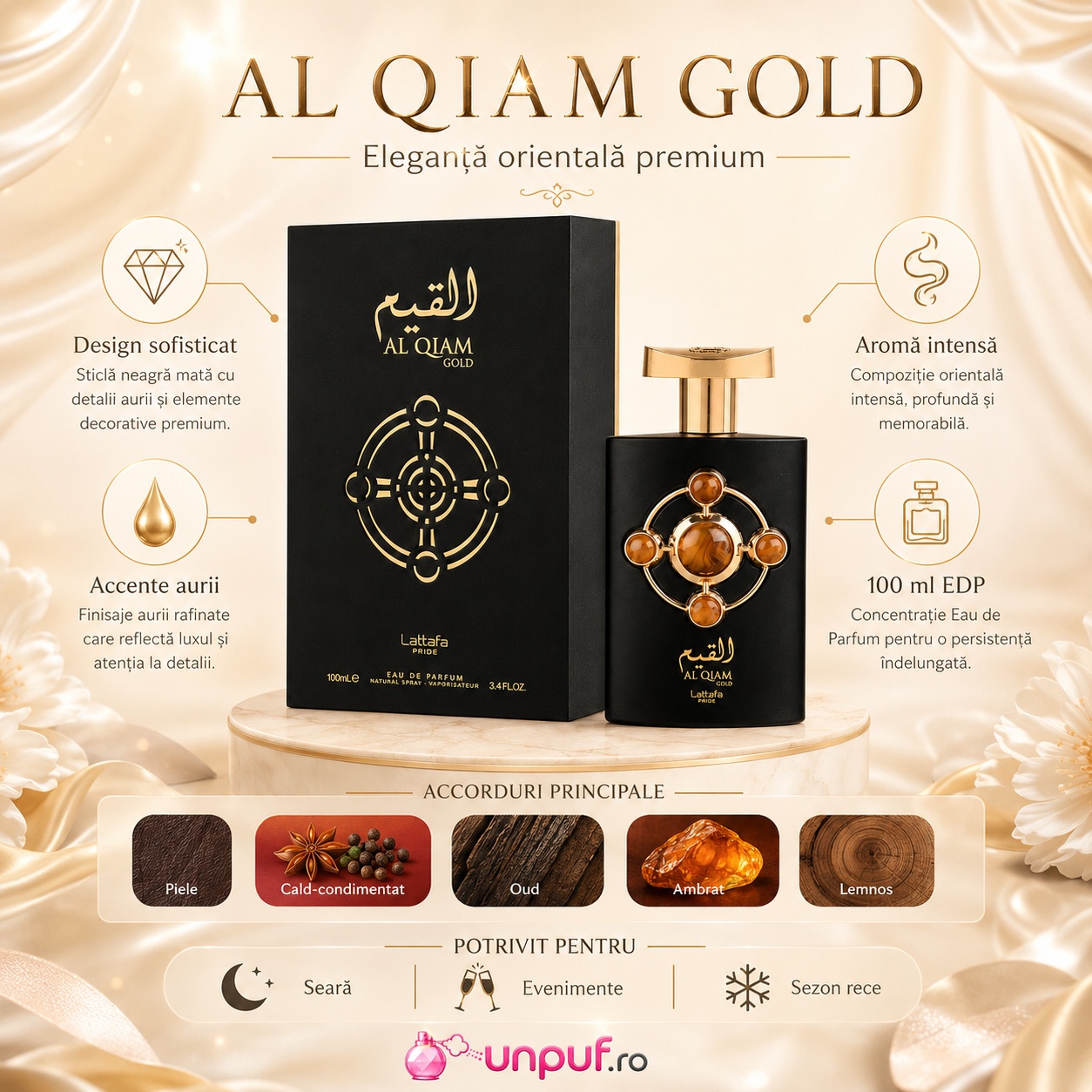 Prezentare parfum Lattafa Pride Al Qiam Gold cu design sofisticat, accente aurii, acorduri principale și momente recomandate