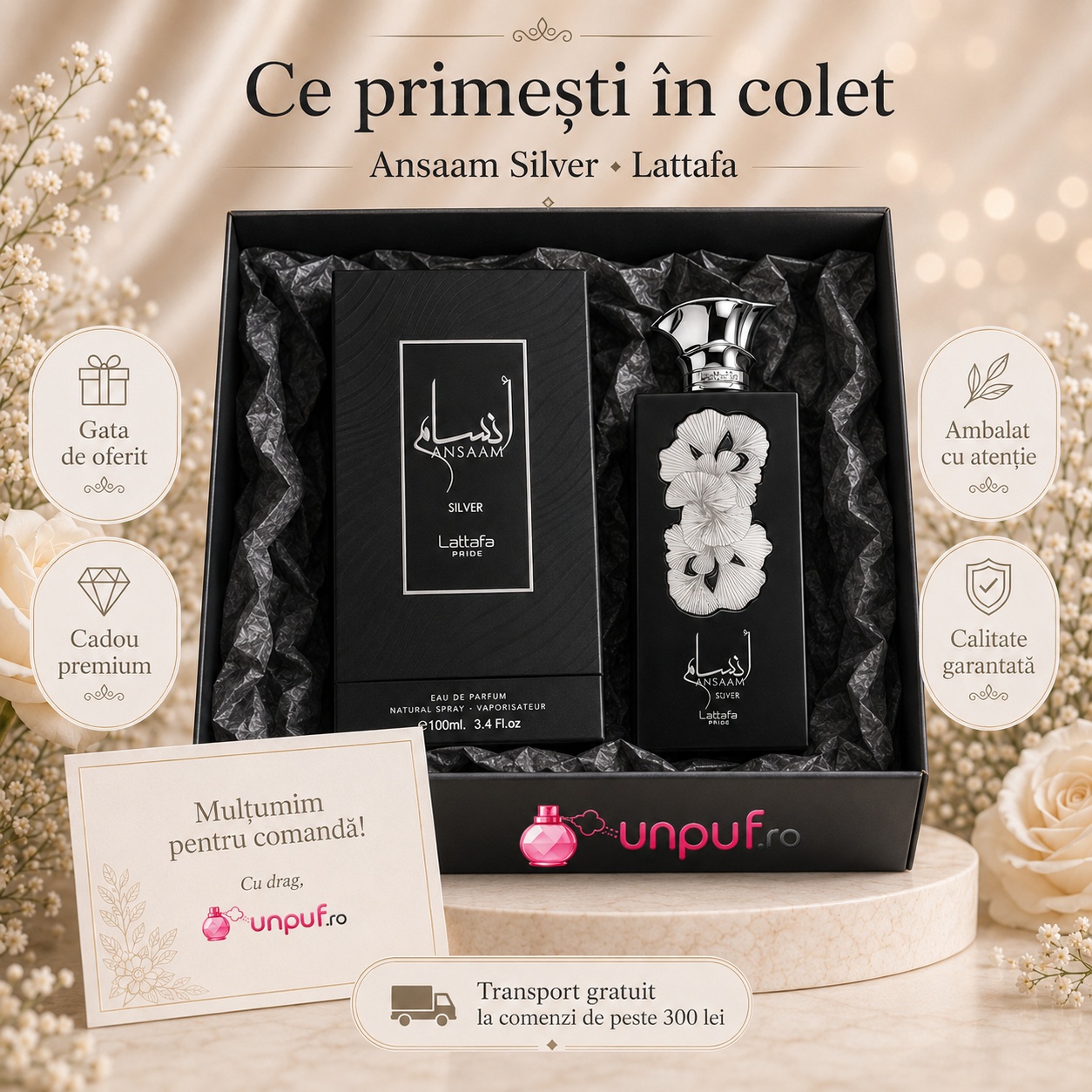 Ce primești în colet Lattafa Pride Ansaam Silver 100 ml parfum arăbesc unisex ambalat cu atenție gata de oferit cadou
