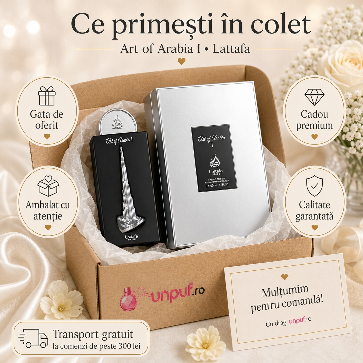 Ce primești &icirc;n colet Lattafa Pride Art Of Arabia I 100 ml parfum arăbesc unisex ambalat cu atenție gata de oferit cadou