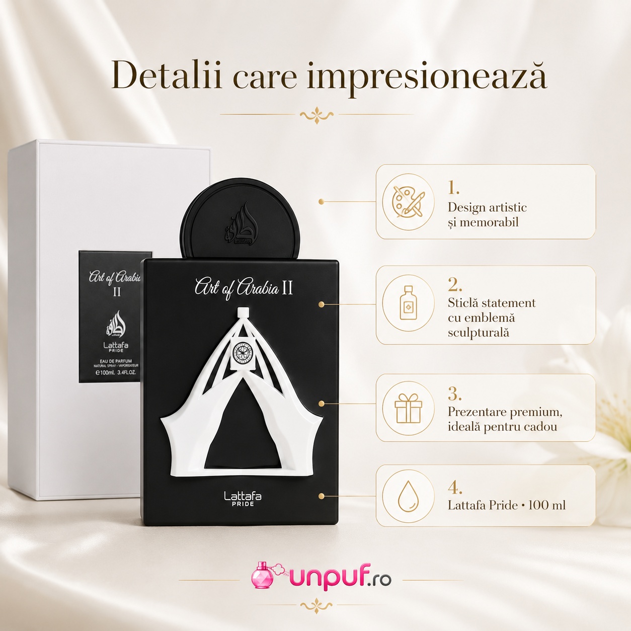 Prezentare parfum Lattafa Pride Art Of Arabia II cu design artistic sticlă statement și prezentare premium