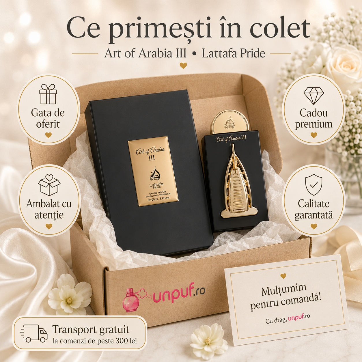 Ce primești &icirc;n colet Lattafa Pride Art of Arabia III 100 ml parfum arăbesc unisex ambalat cu atenție și gata de oferit cadou