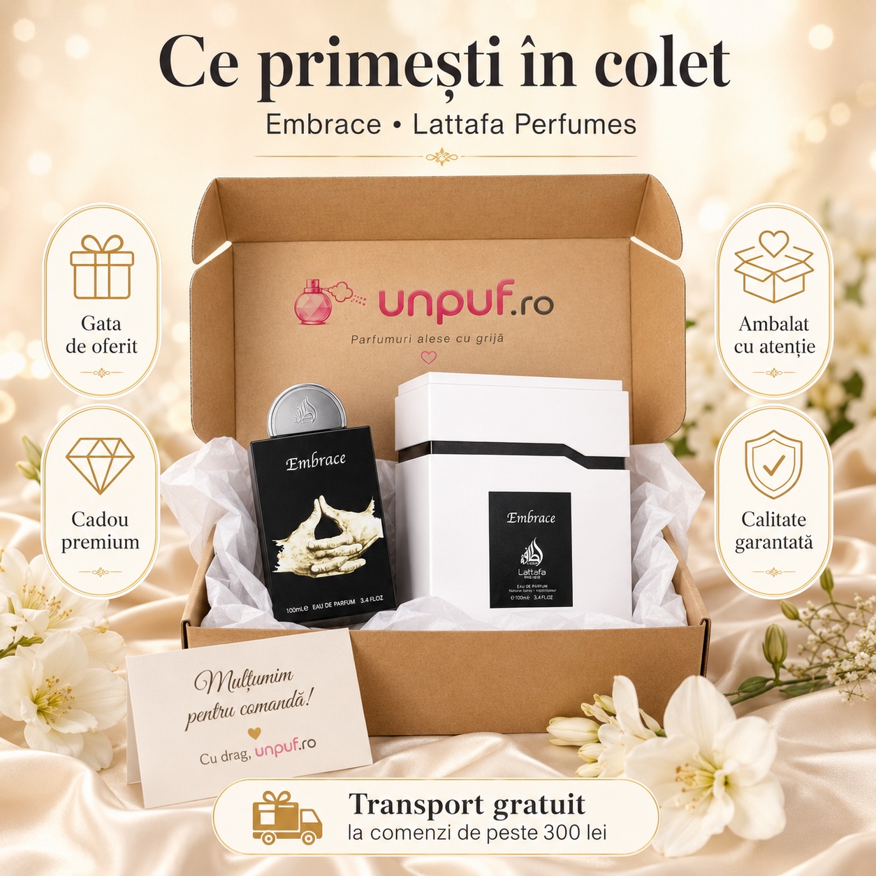 Ce primești &icirc;n colet Lattafa Pride Embrace 100 ml parfum arăbesc unisex ambalat cu atenție gata de oferit cadou