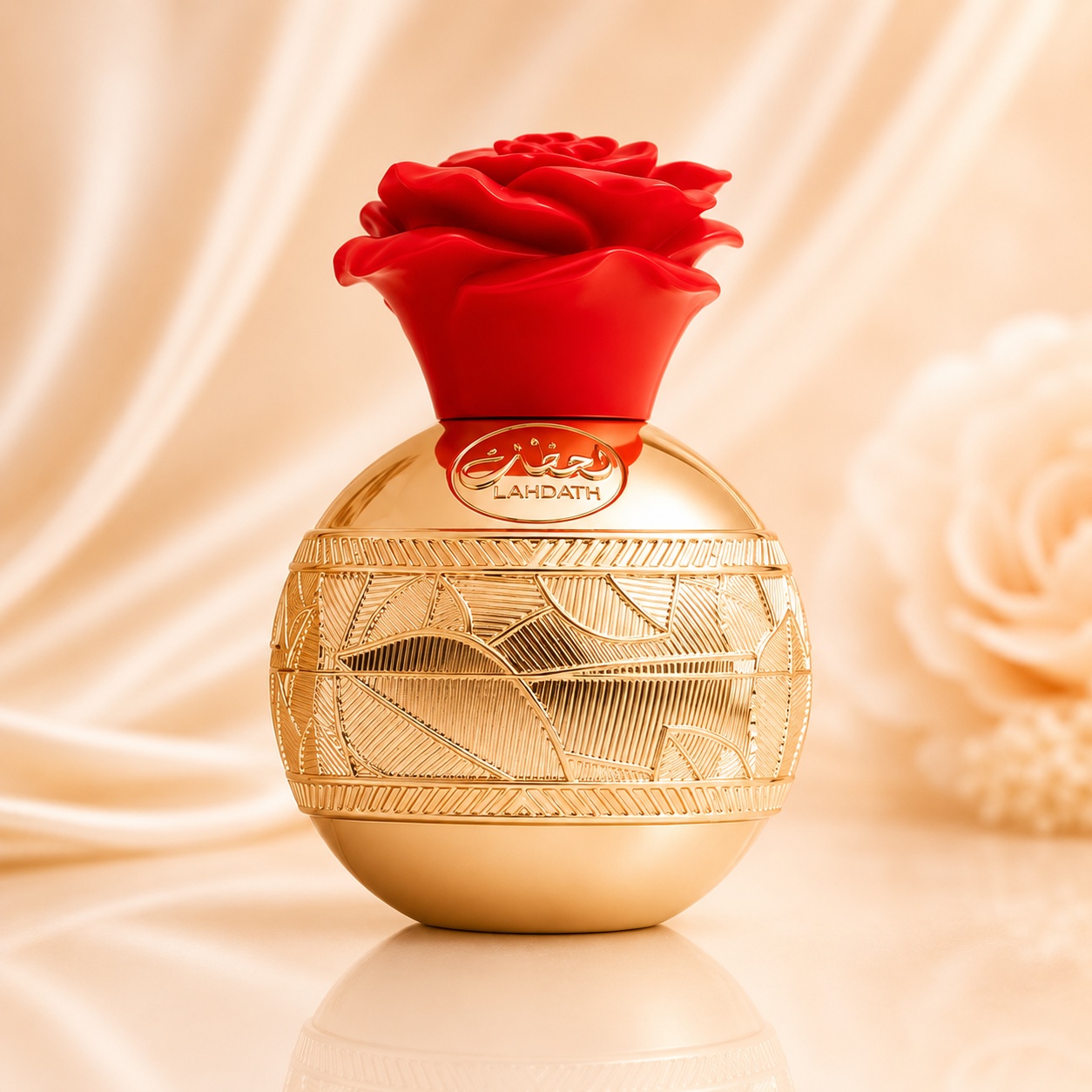 Sticlă parfum Lattafa Pride Lahdath 80 ml aurie cu capac trandafir roșu și detalii decorative premium