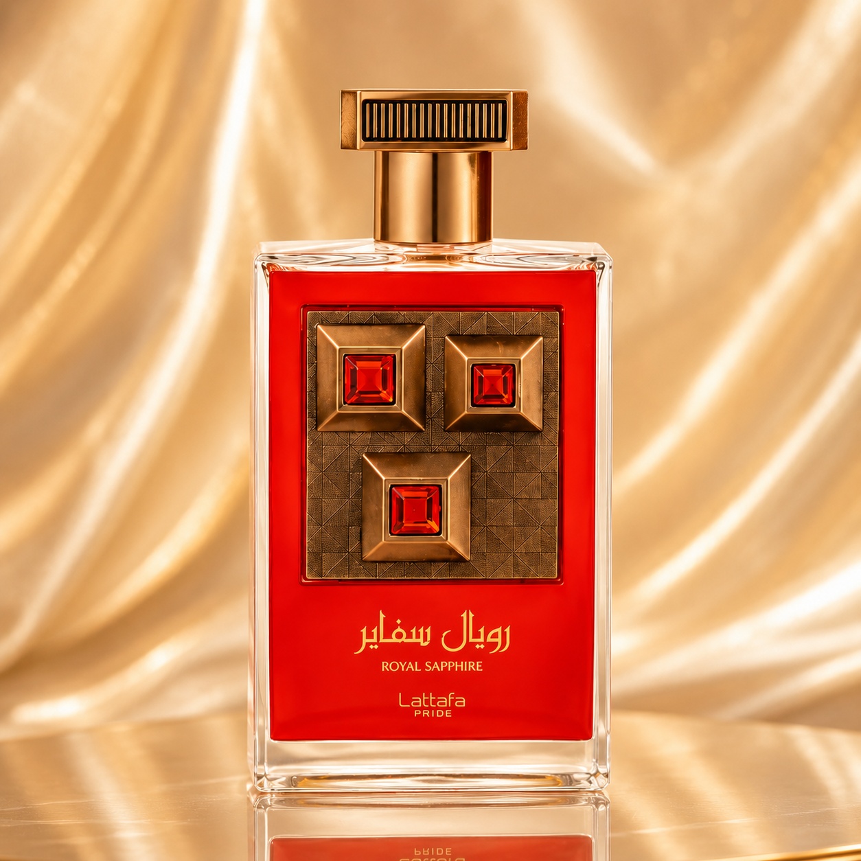 Flacon Lattafa Pride Royal Saphire 100 ml parfum damă roșu rubin cu aplicații aurii și capac elegant