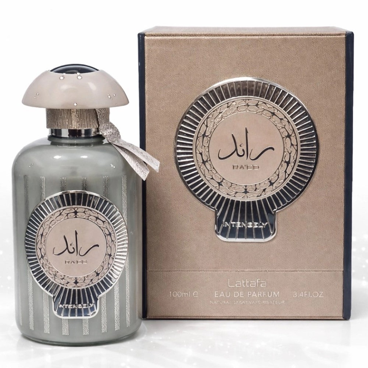 Parfum Lattafa Raed Intensely 100 ml apă de parfum pentru bărbat cu flacon original gri și cutie Lattafa