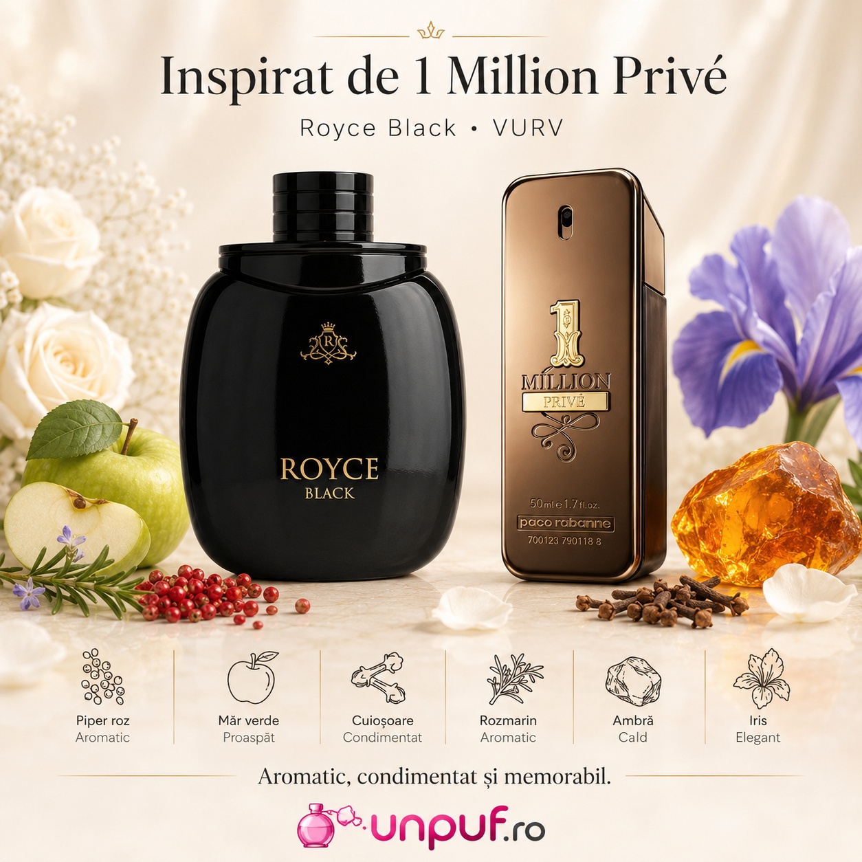 Lattafa Royce Black parfum inspirat de 1 Million Priv&eacute; cu piper roz, măr verde, cuișoare, rozmarin, ambră și iris