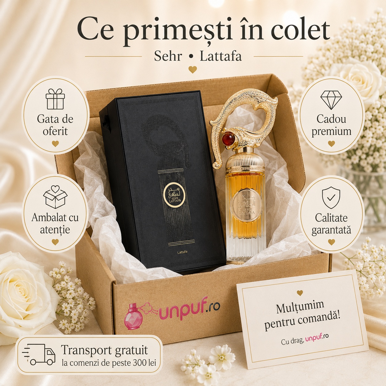 Ce primești în colet Lattafa Sehr 100 ml parfum arăbesc unisex ambalat cu atenție, cadou premium și transport gratuit la comenzi eligibile