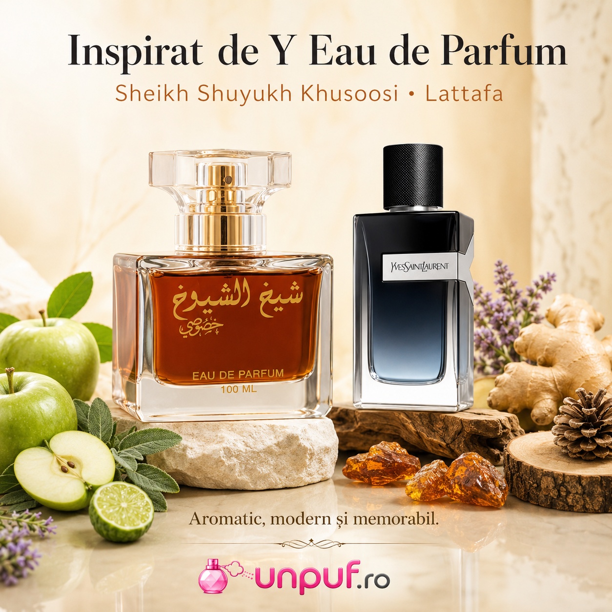 Lattafa Sheikh Shuyukh Khusoosi inspirat din Y Eau de Parfum, aromă aromatică modernă cu măr, lavandă, ghimbir, salvie și ambră