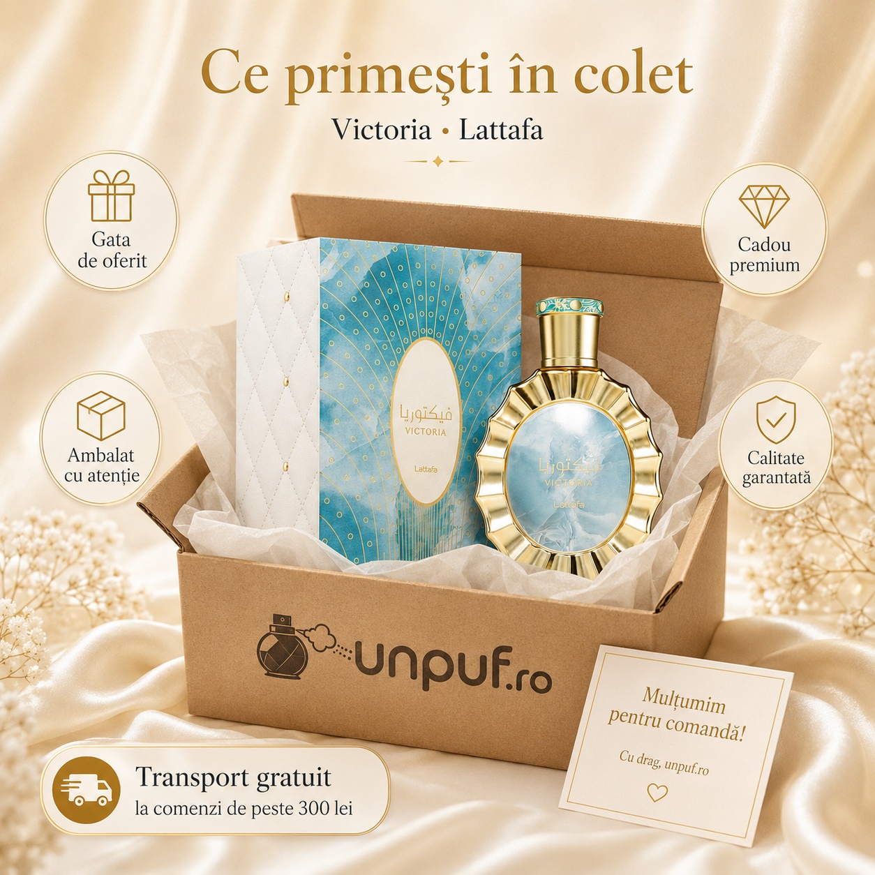 Ce primești în colet Lattafa Victoria 100 ml parfum arăbesc unisex ambalat cu atenție, gata de oferit cadou