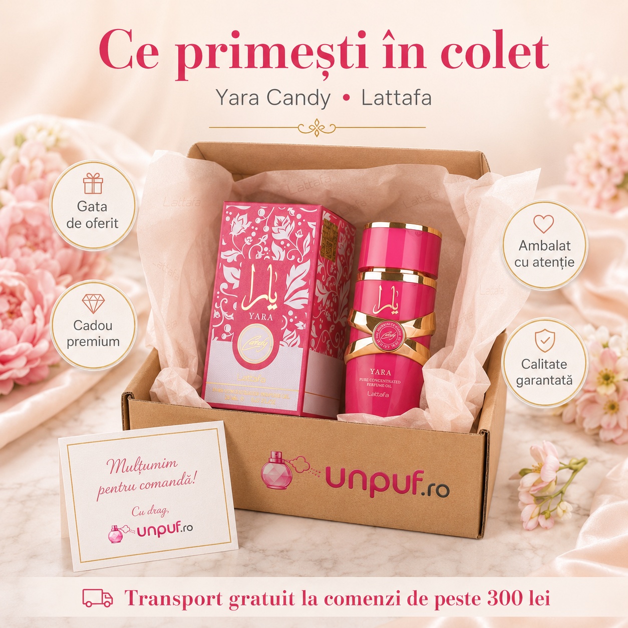 Ce primești &icirc;n colet Lattafa Yara Candy Concentrated Oil 20 ml parfum arăbesc ambalat cu atenție, cadou premium, gata de oferit și calitate garantată