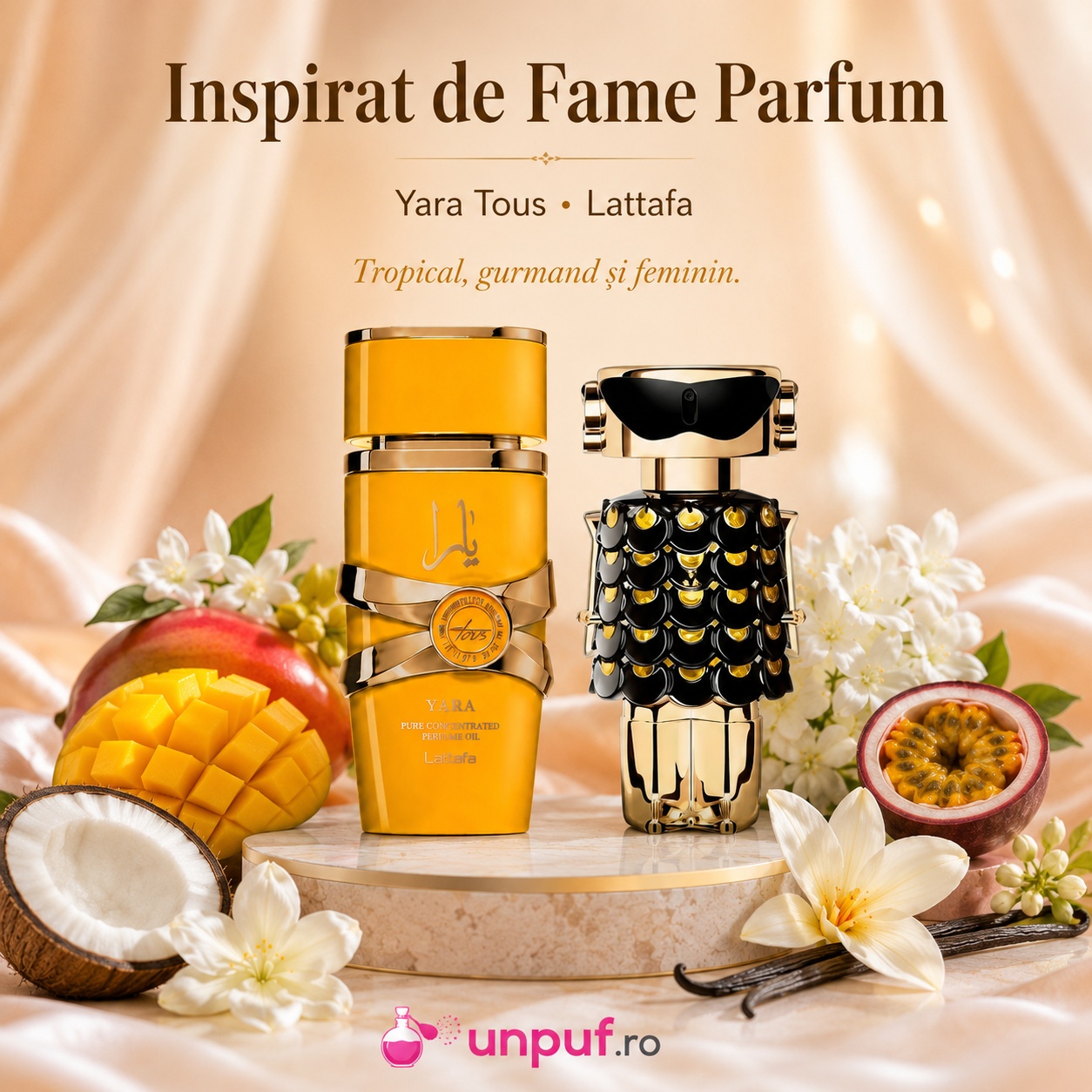 Lattafa Yara Tous Concentrated Oil inspirat de Fame Parfum, aromă tropicală, gourmand și feminină cu mango, cocos, maracuia, vanilie și flori albe