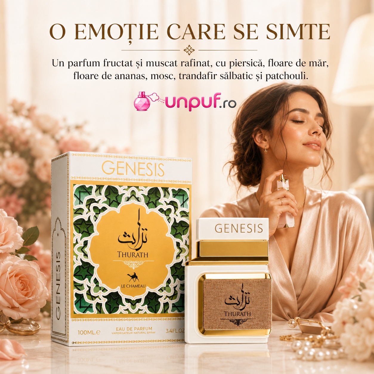 Le Chameau Genesis Thurath parfum de damă fructat și moscat cu piersică floare de măr floare de ananas mosc trandafir sălbatic și patchouli