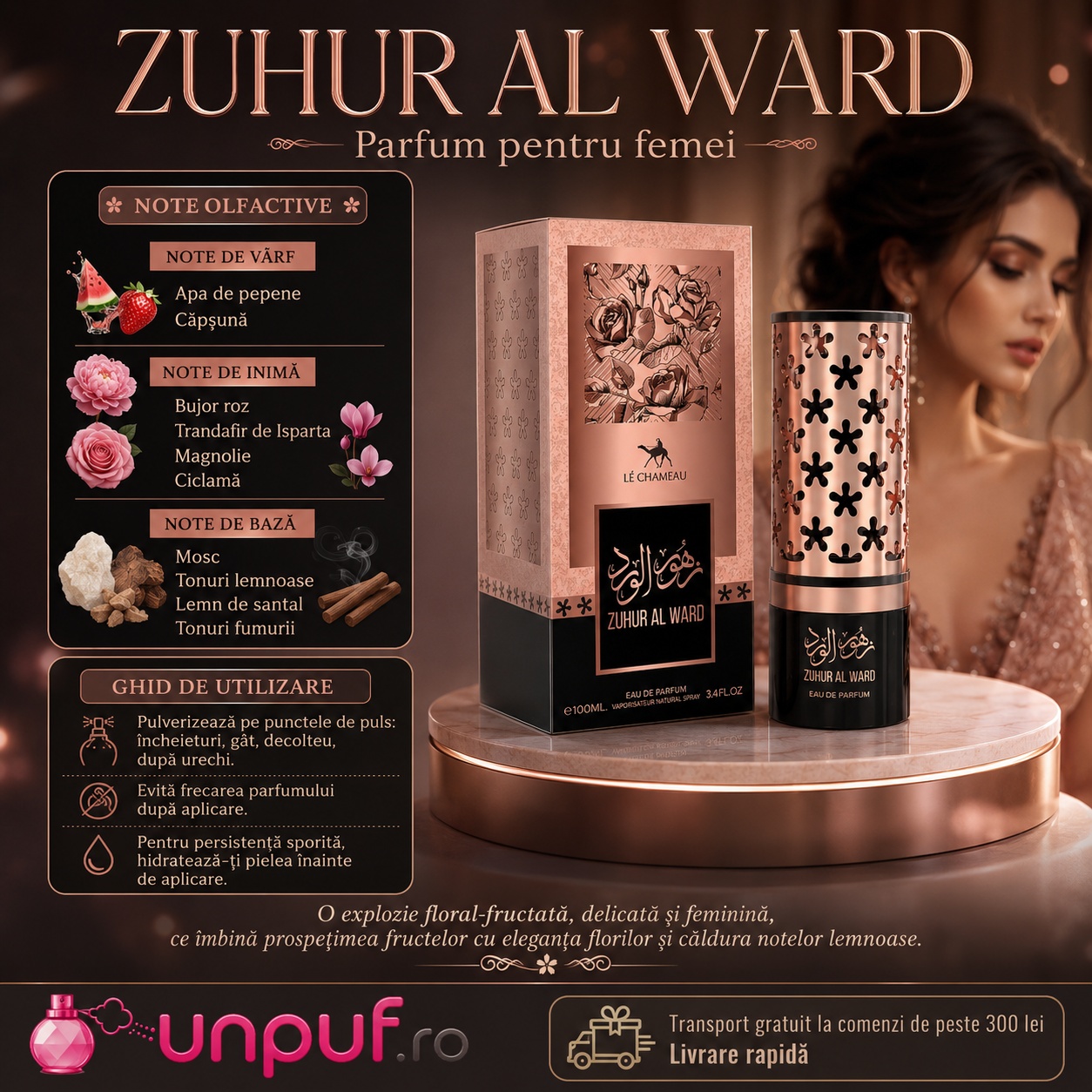 Profil olfactiv Zuhur Al Ward cu note de apă de pepene, căpșună, bujor roz, trandafir, magnolie, mosc și lemn de santal