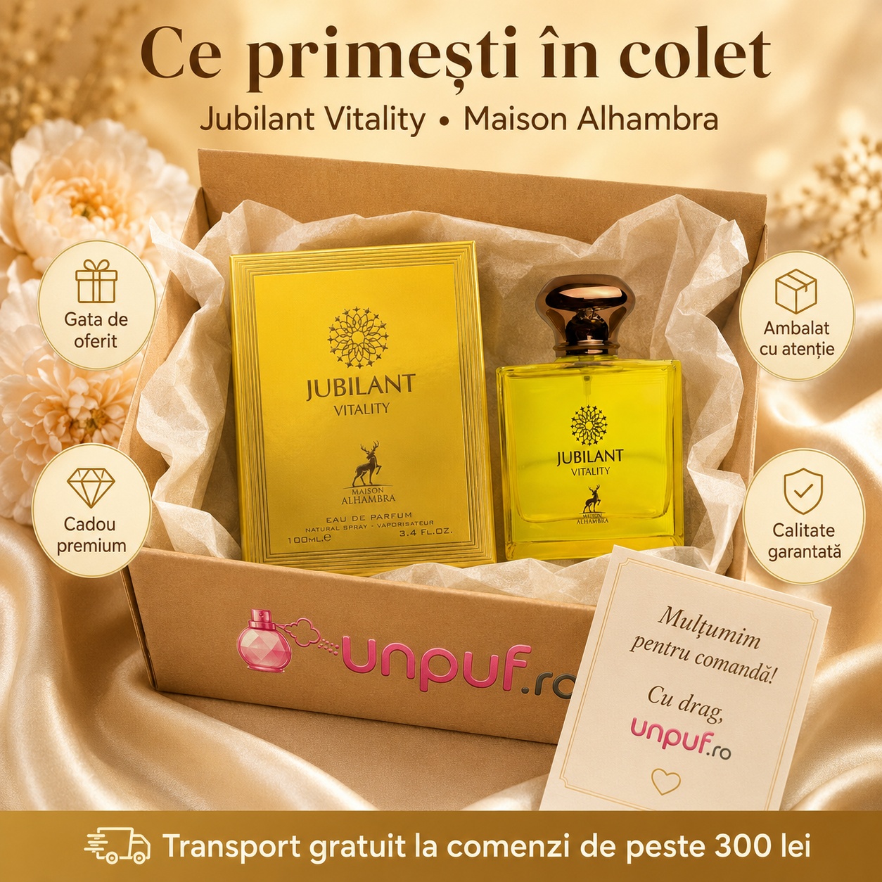 Ce primești în colet Maison Alhambra Jubilant Vitality, parfum sigilat și ambalat cu atenție