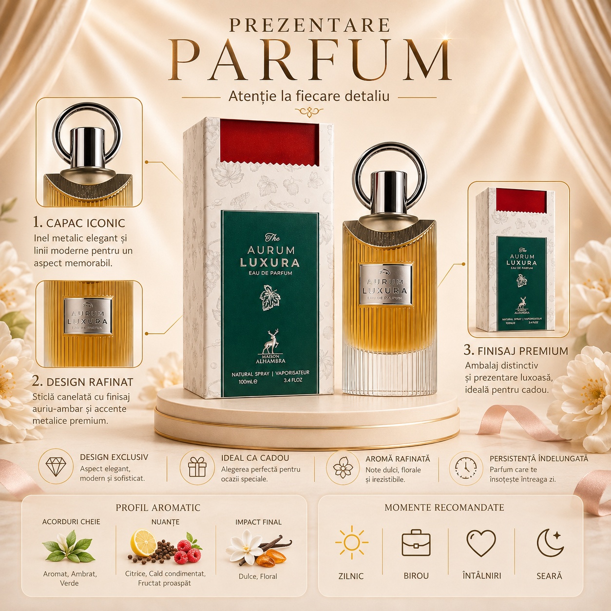 Prezentare parfum The Aurum Luxura cu flacon, cutie premium, acorduri și momente recomandate