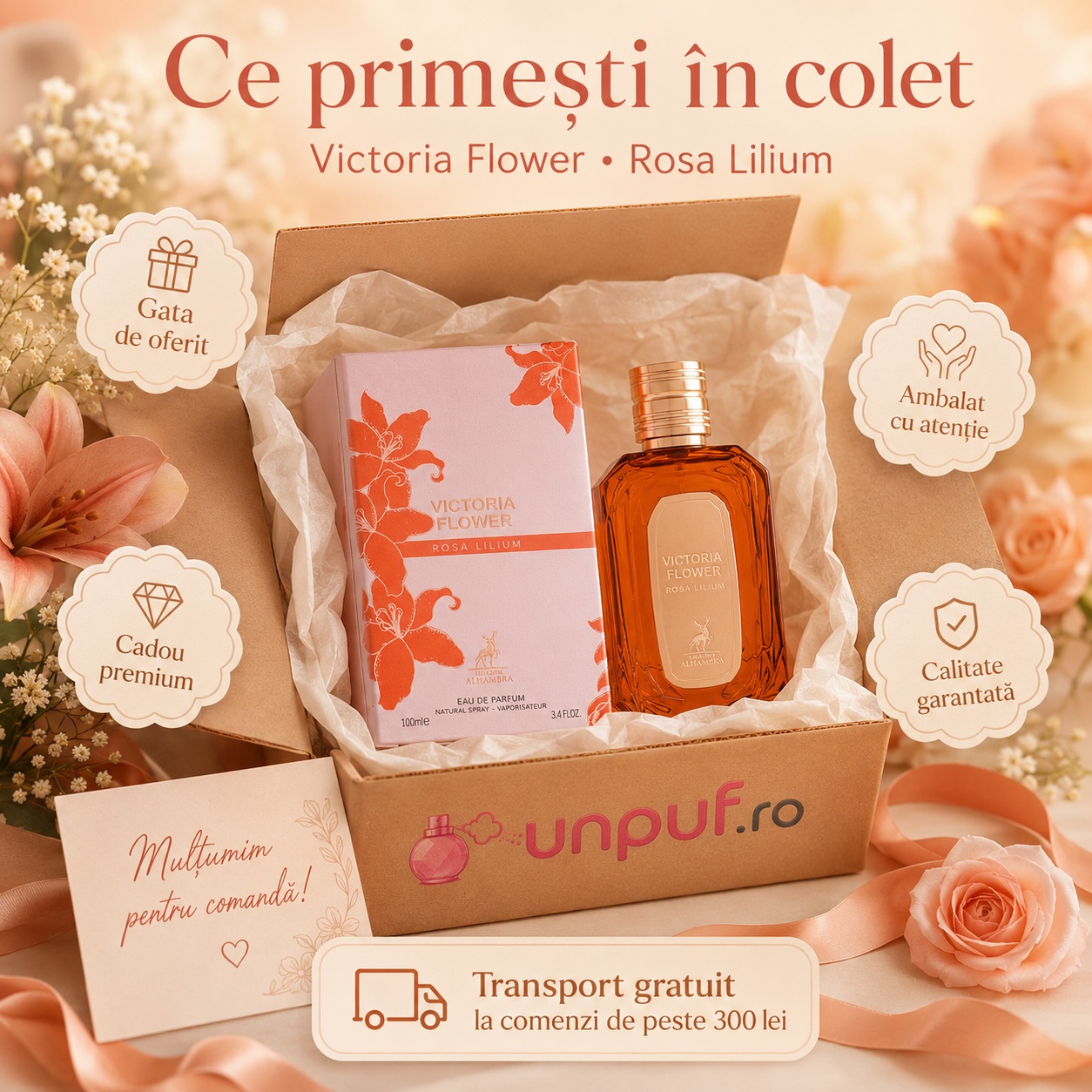 Maison Alhambra Victoria Flower Rosa Lilium ambalat premium, parfum potrivit pentru cadou