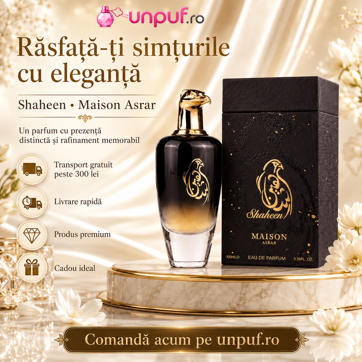 Maison Asrar Shaheen Black parfum premium disponibil pe unpuf.ro cu livrare rapidă și transport gratuit peste 300 lei