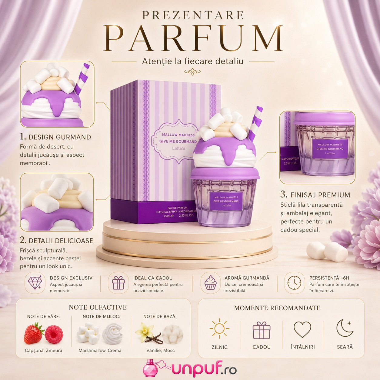 Prezentare parfum Mallow Madness Lattafa cu note olfactive căpșună zmeură bezea frezie frișcă mosc și vanilie