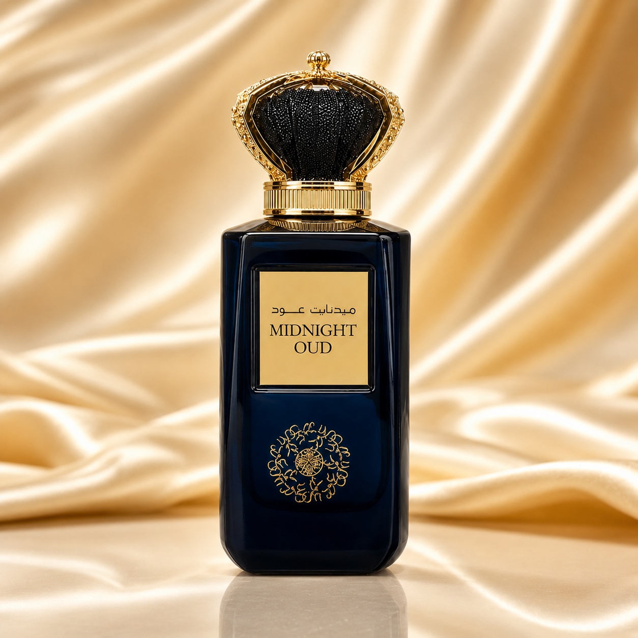 Sticlă parfum Midnight Oud Ard Al Zaafaran 100 ml pe fundal satinat auriu premium