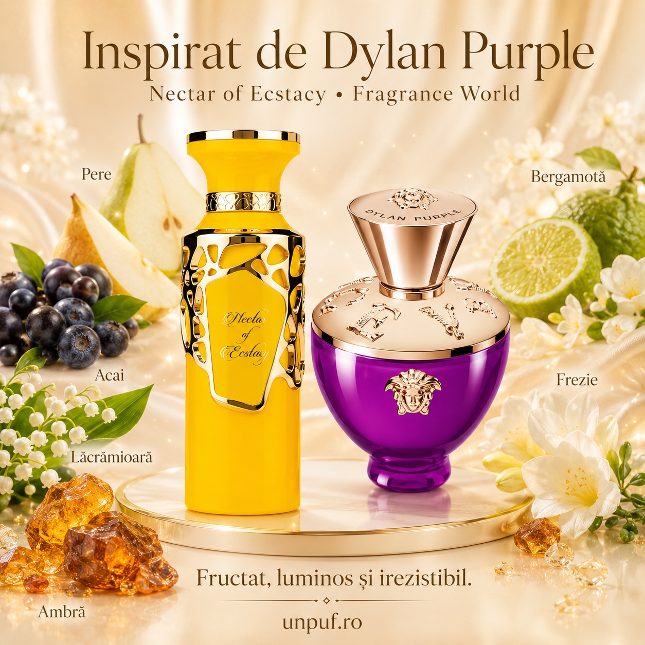 Nectar Of Ecstasy Fragrance World inspirat din Dylan Purple parfum cu pere bergamotă acai lăcrămioară frezie și ambră