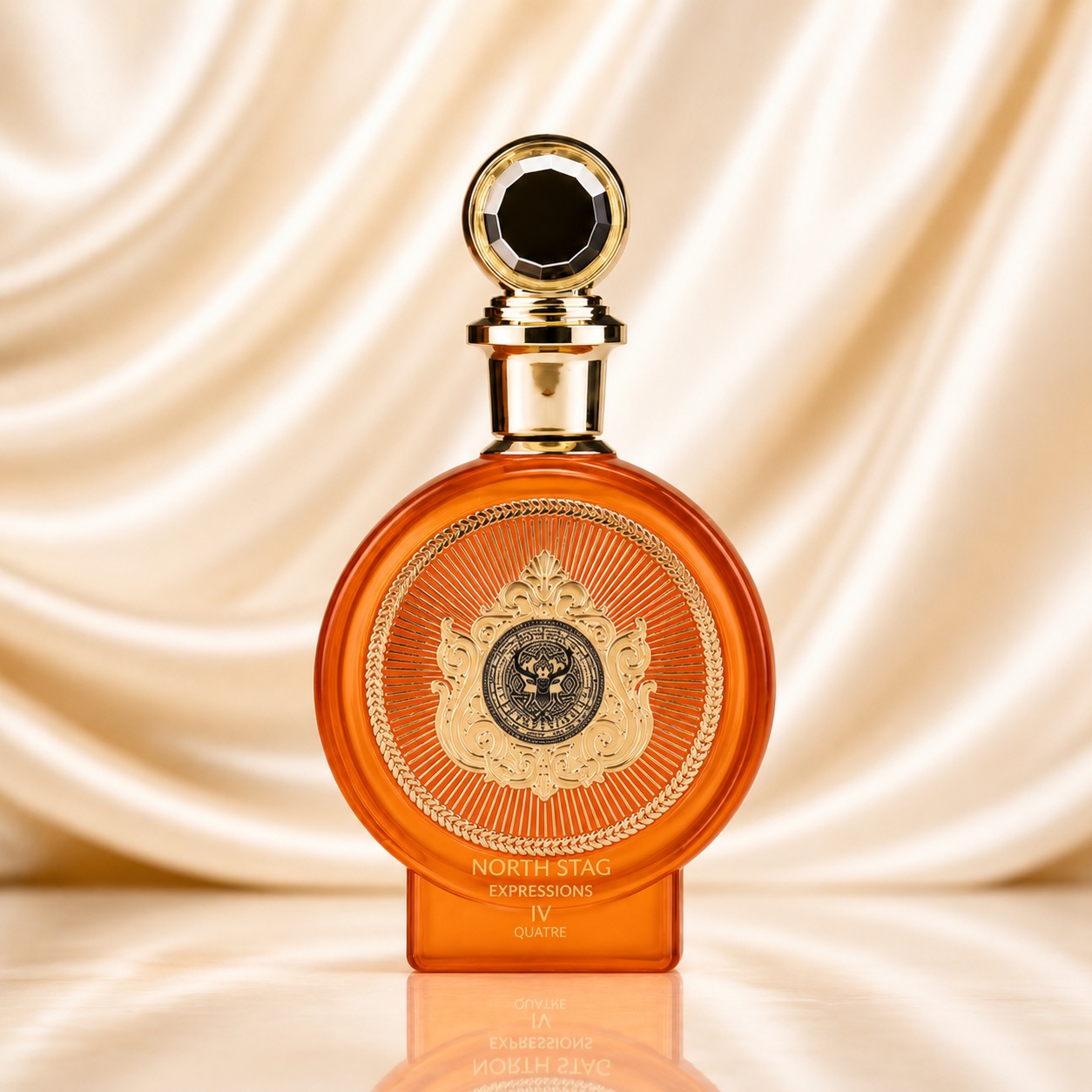 Sticlă North Stag Expressions IV Quatre, parfum unisex portocaliu citrus cu capac bijuterie negru și auriu