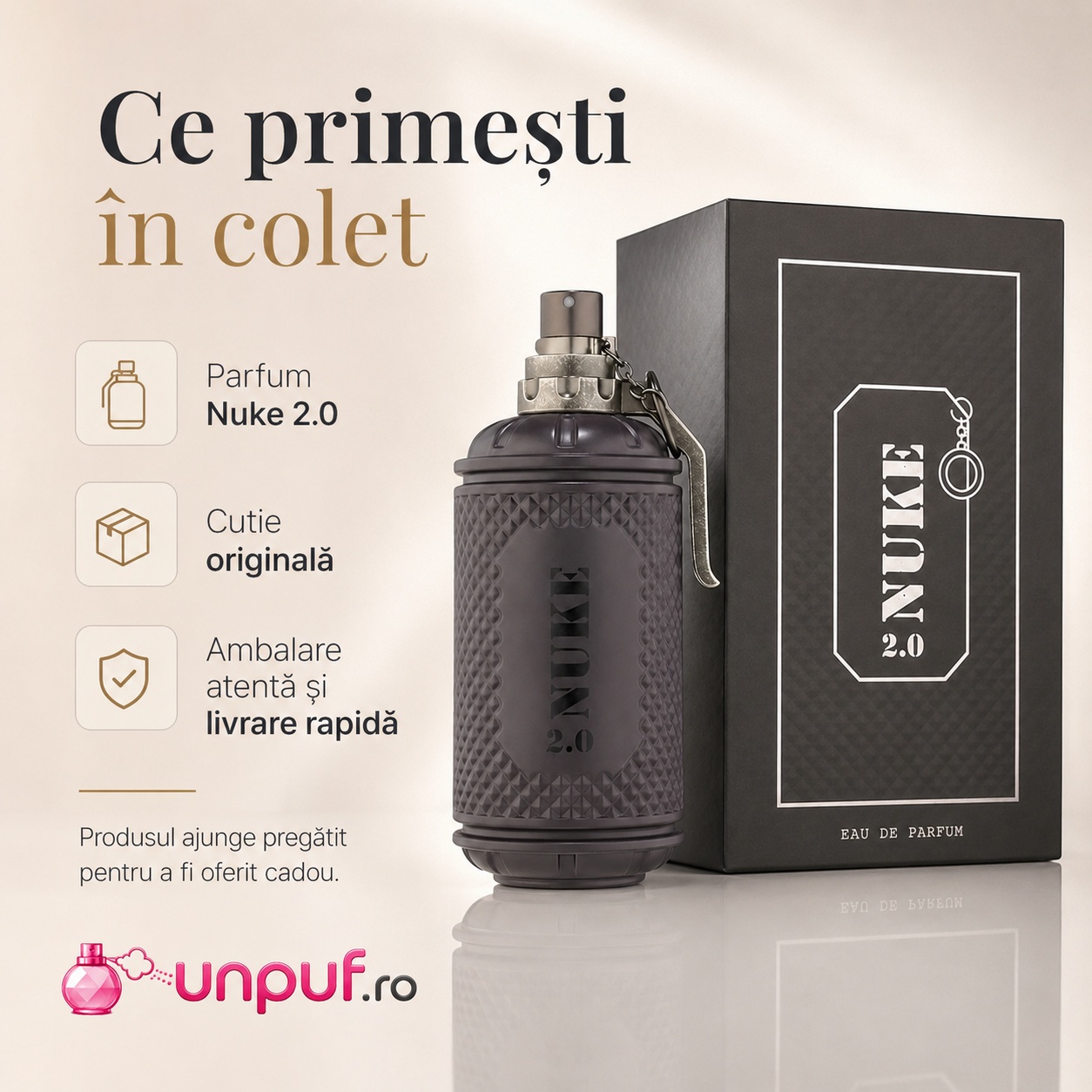 Ce primești &icirc;n colet Nuke 2.0 Fragrance World parfum 100 ml ambalat cu atenție și pregătit pentru cadou