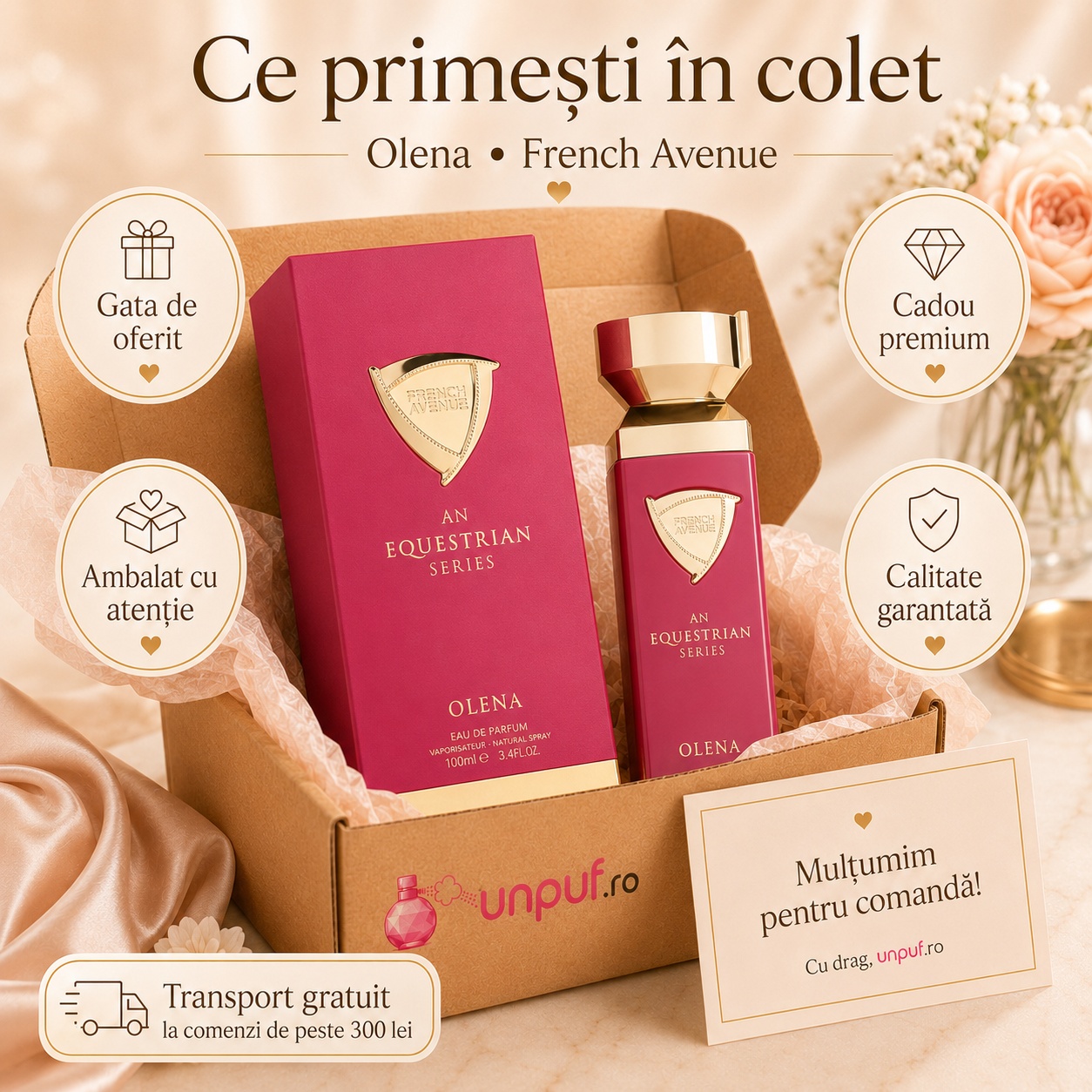 Ce primești &icirc;n colet Olena French Avenue parfum arabesc de damă ambalat cu atenție de unpuf.ro