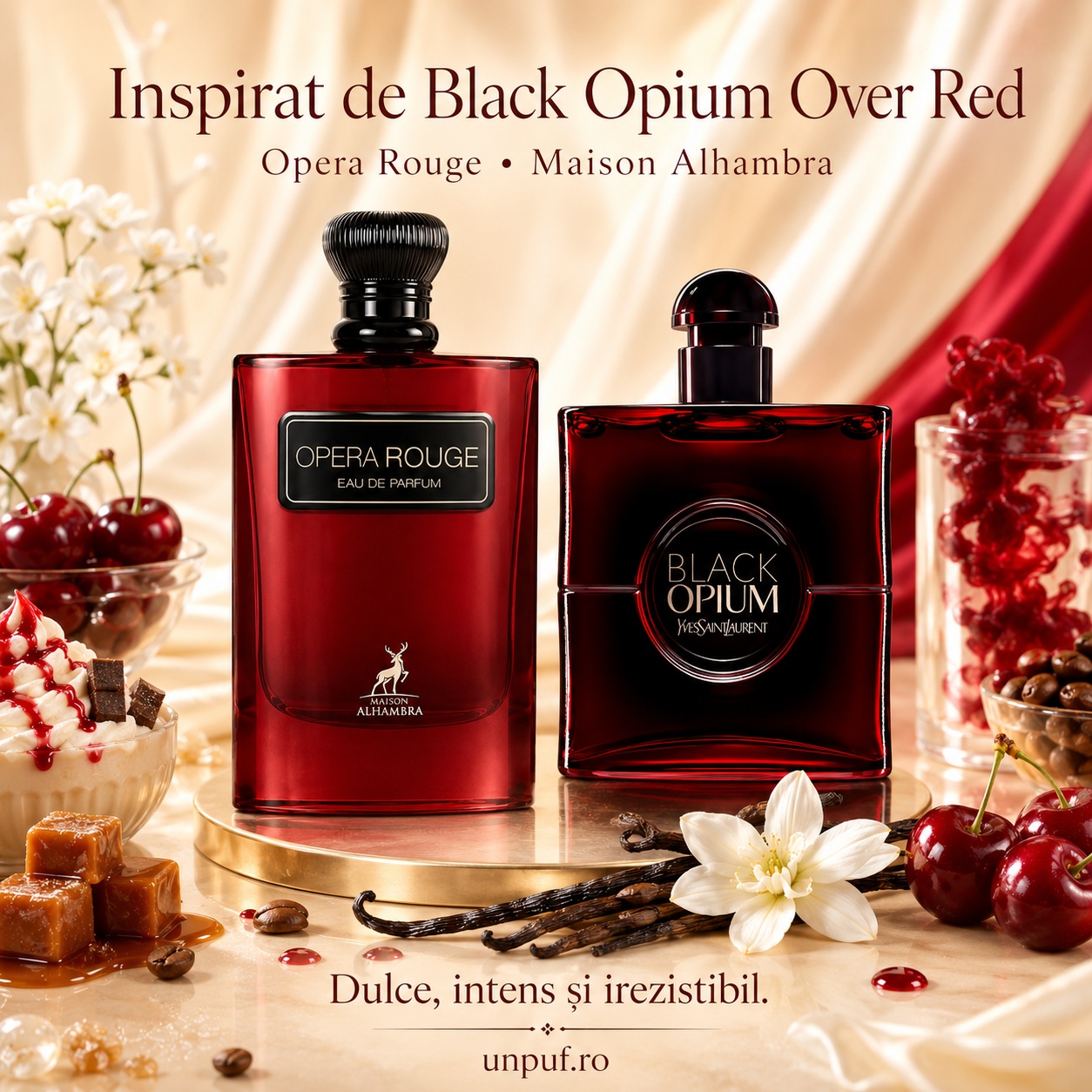 Opera Rouge Maison Alhambra inspirat de Black Opium Over Red parfum dulce, intens și irezistibil