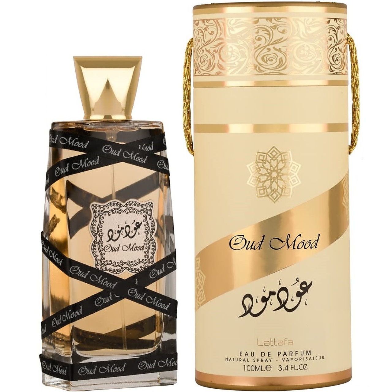 Oud Mood Gold Lattafa 100 ml sticlă și cutie produs pe fundal alb