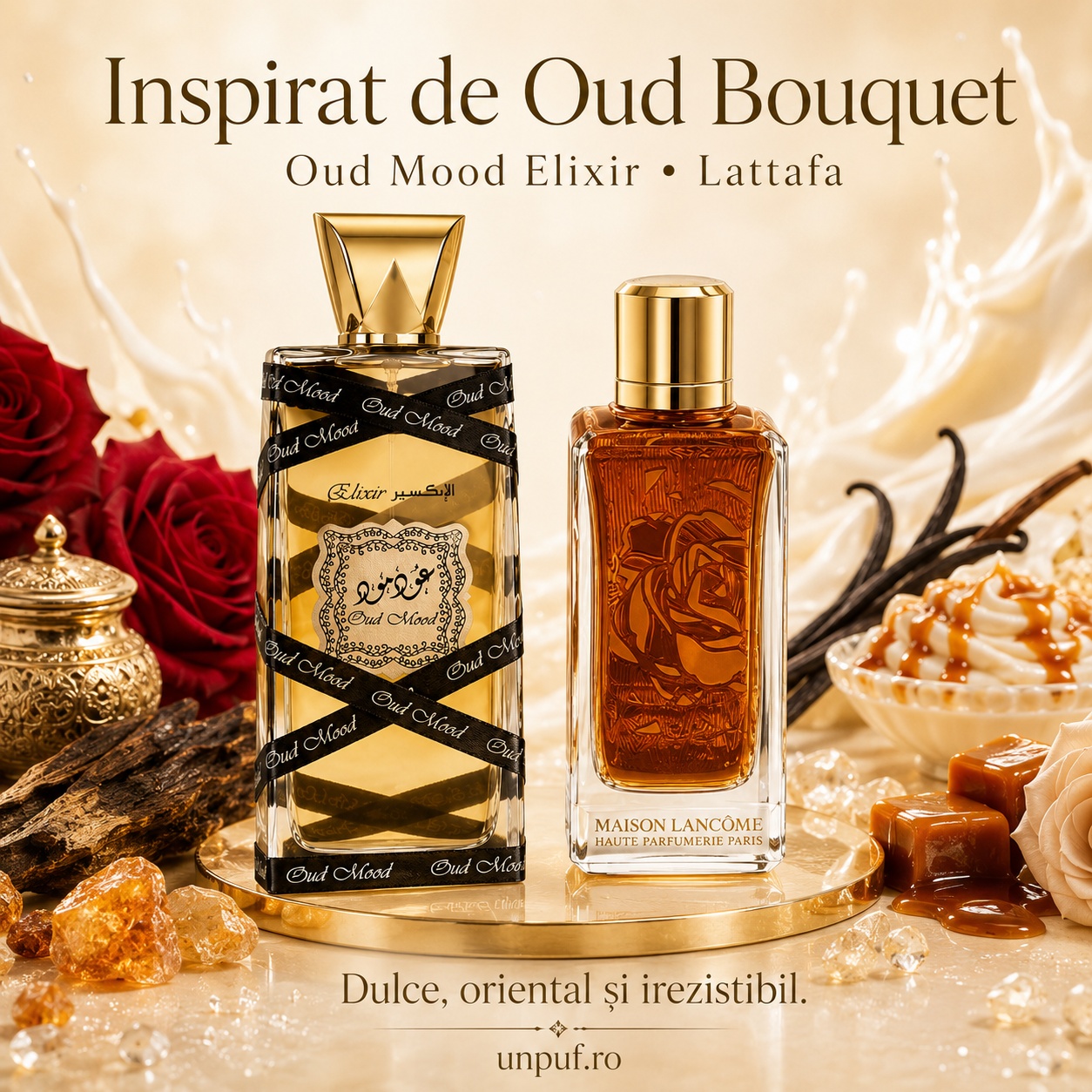 Oud Mood Gold Lattafa inspirat de Oud Bouquet Lancome parfum dulce oriental și irezistibil cu oud, trandafir și caramel