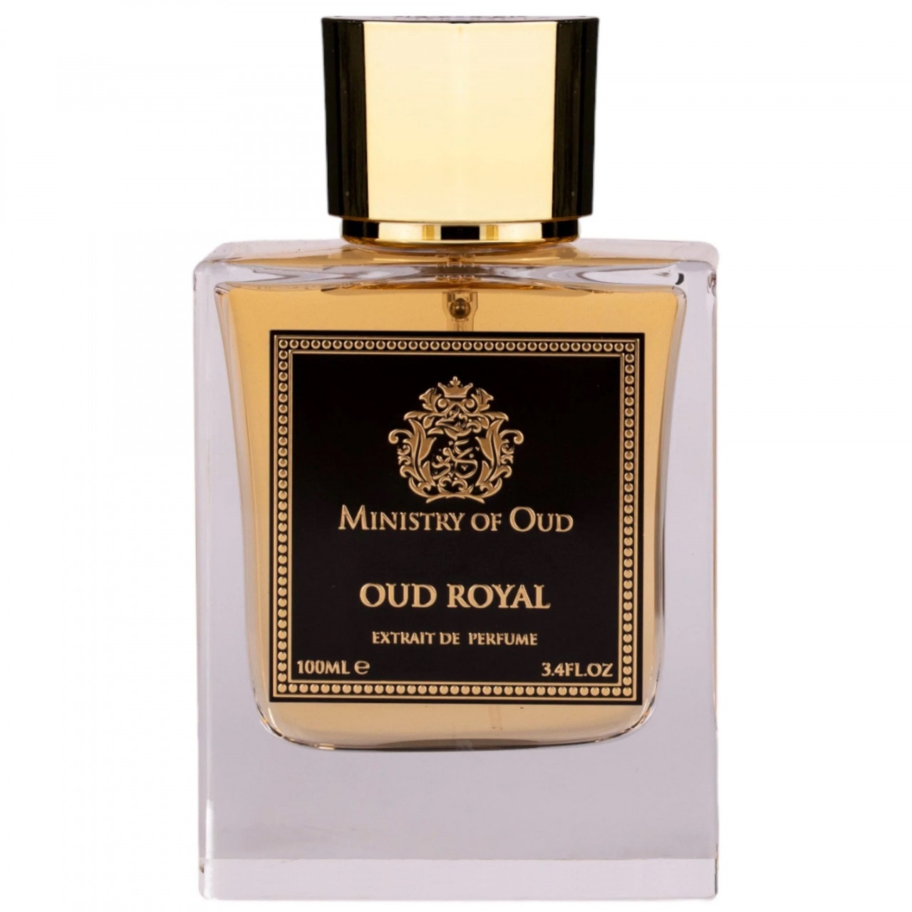 Sticlă parfum Oud Royal Ministry Of Oud 100ml pe fundal alb, extract de parfum bărbătesc