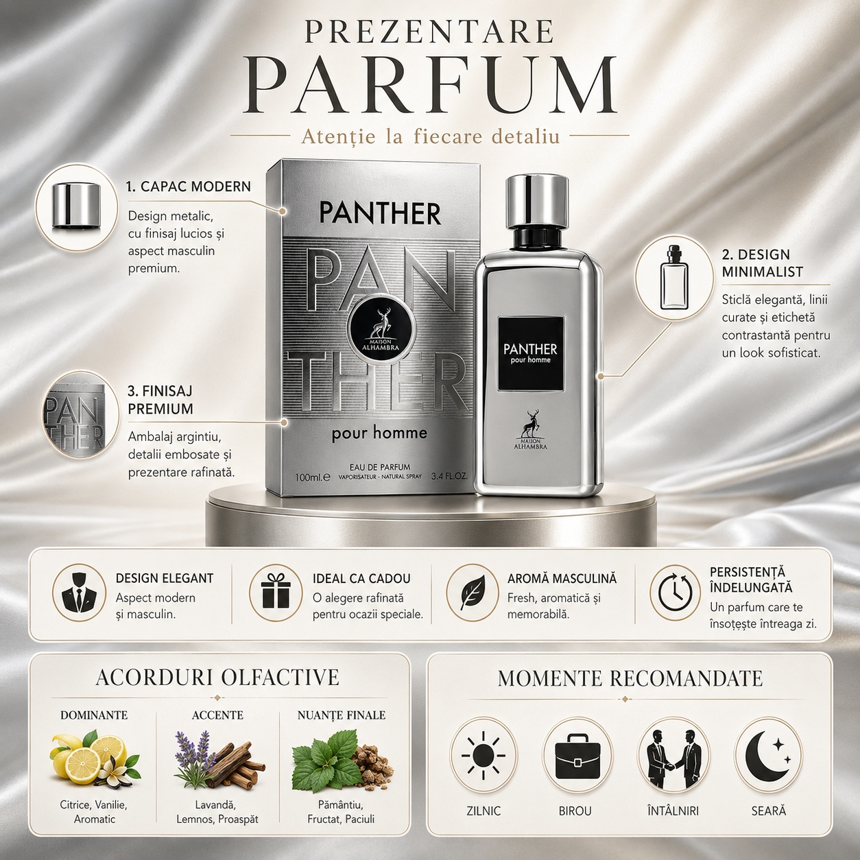Prezentare parfum Panther Pour Homme Maison Alhambra cu capac modern, design minimalist, finisaj premium, acorduri olfactive și momente recomandate