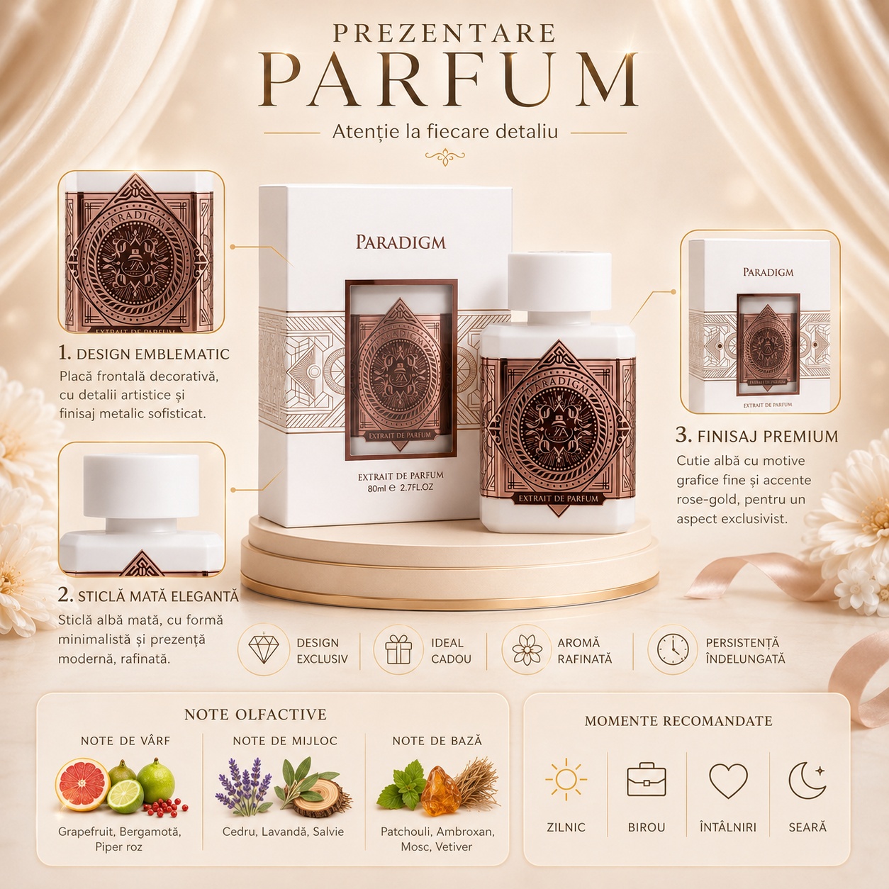 Prezentare parfum Paradigm French Avenue cu design emblematic, sticlă mată elegantă, finisaj premium și note olfactive
