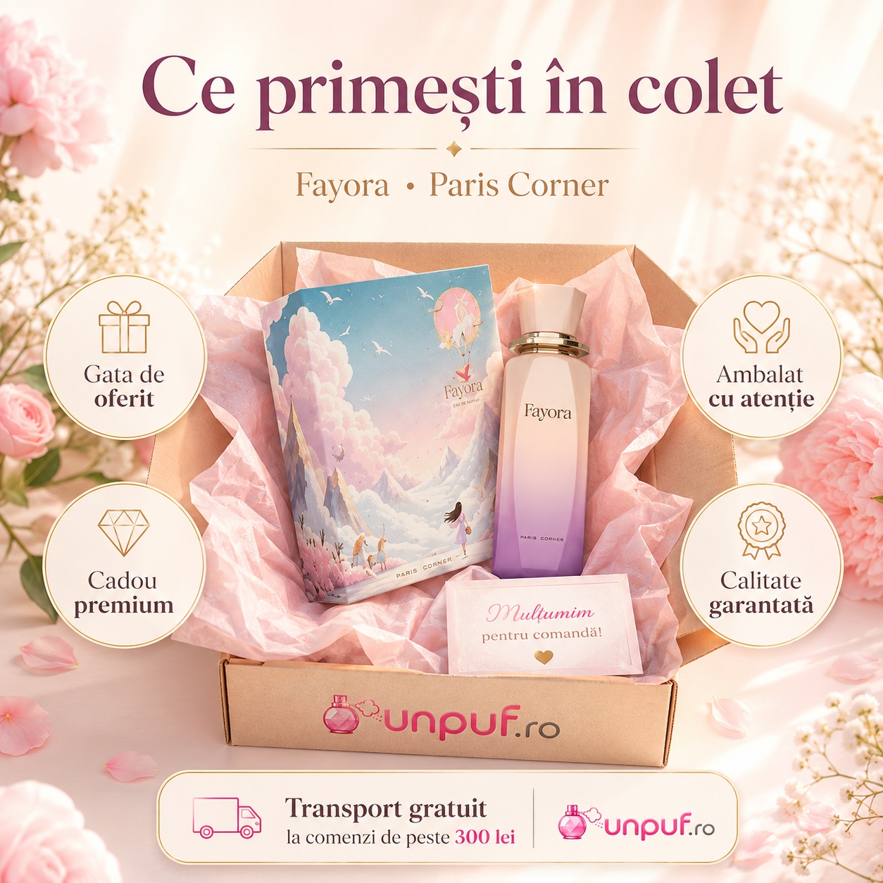 Ce primești în colet Paris Corner Fayora 100 ml, parfum original ambalat cu atenție și cadou premium