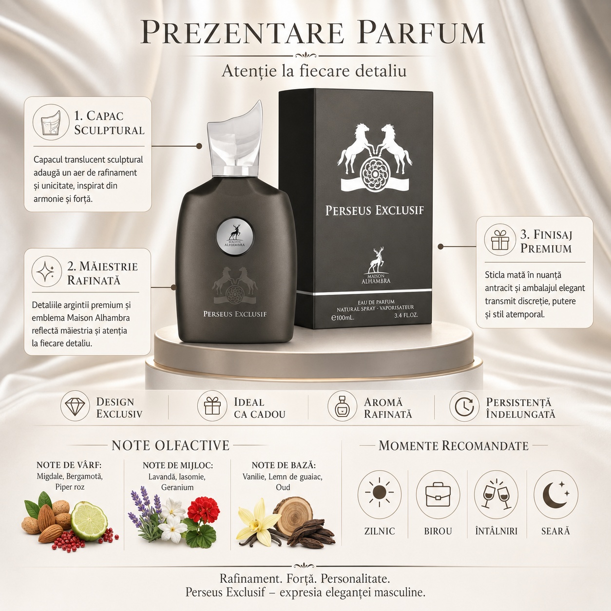 Prezentare parfum Perseus Exclusif Maison Alhambra cu capac sculptural, măiestrie rafinată, finisaj premium, note olfactive și momente recomandate