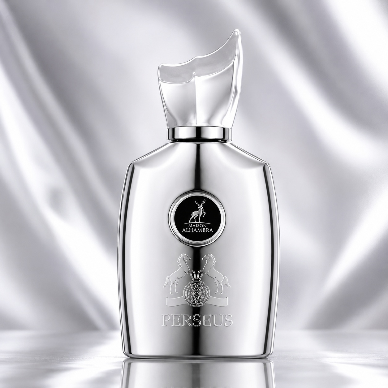 Sticlă parfum Perseus Maison Alhambra 100 ml alb perlat cu reflexii argintii și capac sculptural transparent