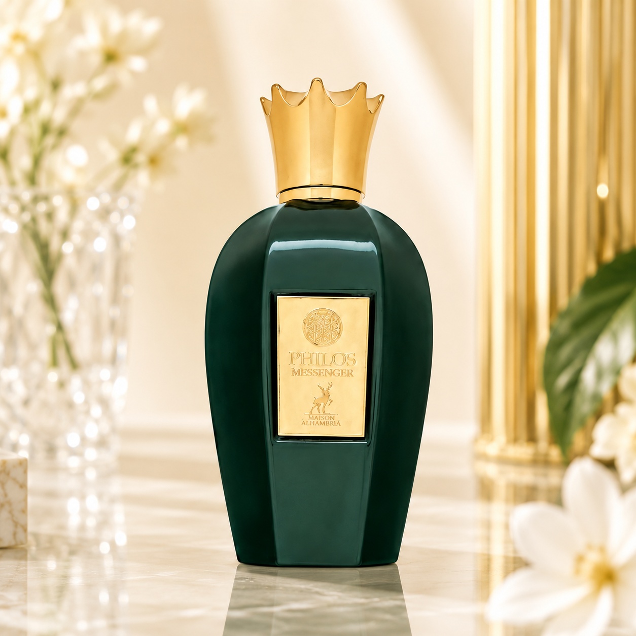 Sticlă parfum Philos Messenger Maison Alhambra 100 ml verde smarald cu capac auriu sculptural și design regal