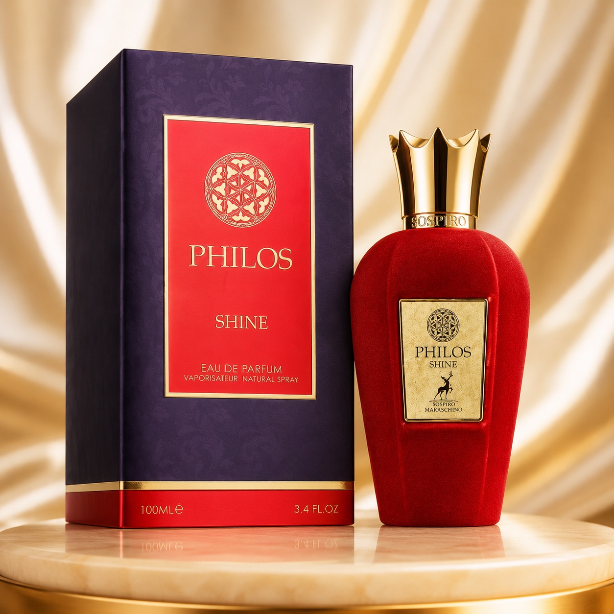 Parfum Arăbesc Philos Shine Maison Alhambra EDP 100 ml Unisex cu flacon roșu rubiniu, capac auriu și cutie mov premium