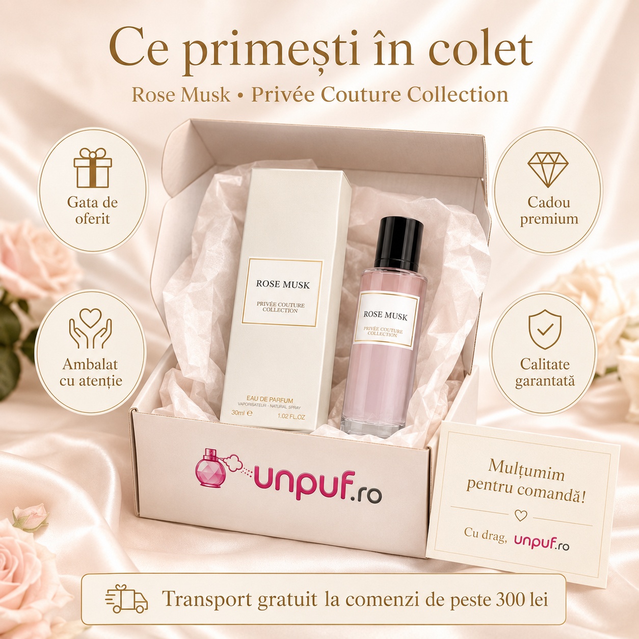 Ce primești &icirc;n colet Parfum Rose Musk Privee Couture Collection 30 ml ambalat premium pentru cadou