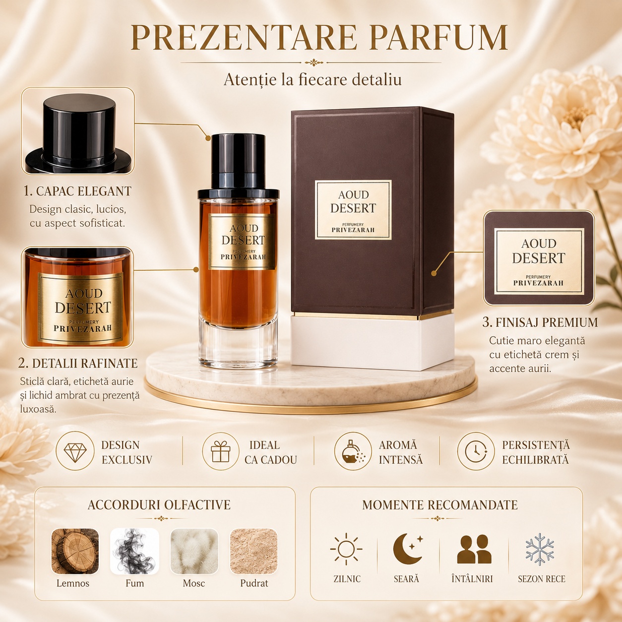 Prezentare parfum Aoud Desert Privezarah cu acorduri lemnoase fum mosc pudrat și detalii premium